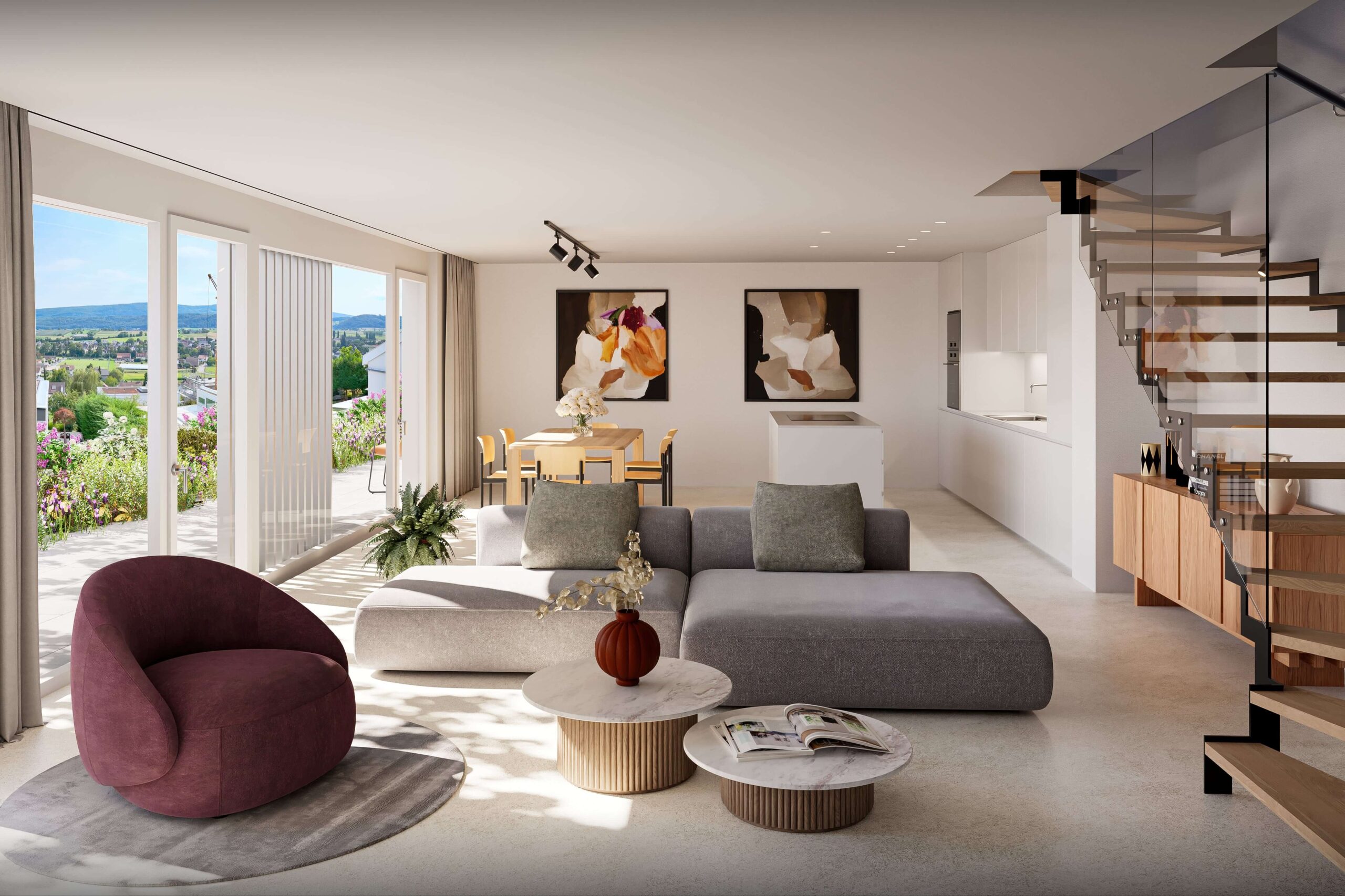 Innenaufnahme eines modernen Wohnraums im Projekt Biel-Benken Panorama der Ernst Frey AG. Offenes Wohnkonzept mit heller Küche, Essbereich und gemütlicher Sitzecke. Große Fensterfronten öffnen den Blick auf die blühende Terrasse und die umliegende Landschaft, während natürliche Materialien und stilvolles Design ein harmonisches Wohnambiente schaffen.