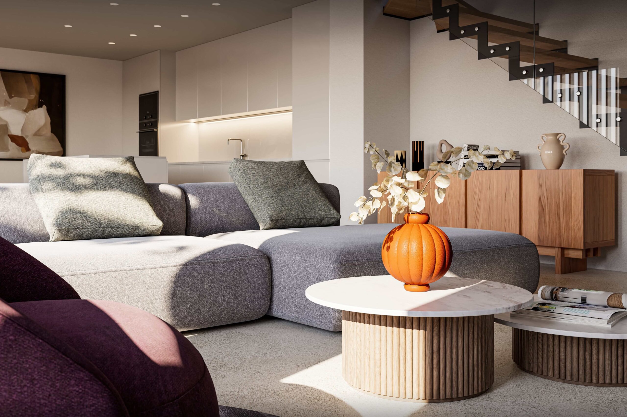 Helles Schlafzimmer im Projekt Biel-Benken Panorama der Ernst Frey AG mit modernem Design, Holzdecke und großflächigen Fenstern. Der Raum öffnet sich zur Terrasse mit Sitzgelegenheit und blühendem Garten, wodurch eine warme und natürliche Wohnatmosphäre entsteht.