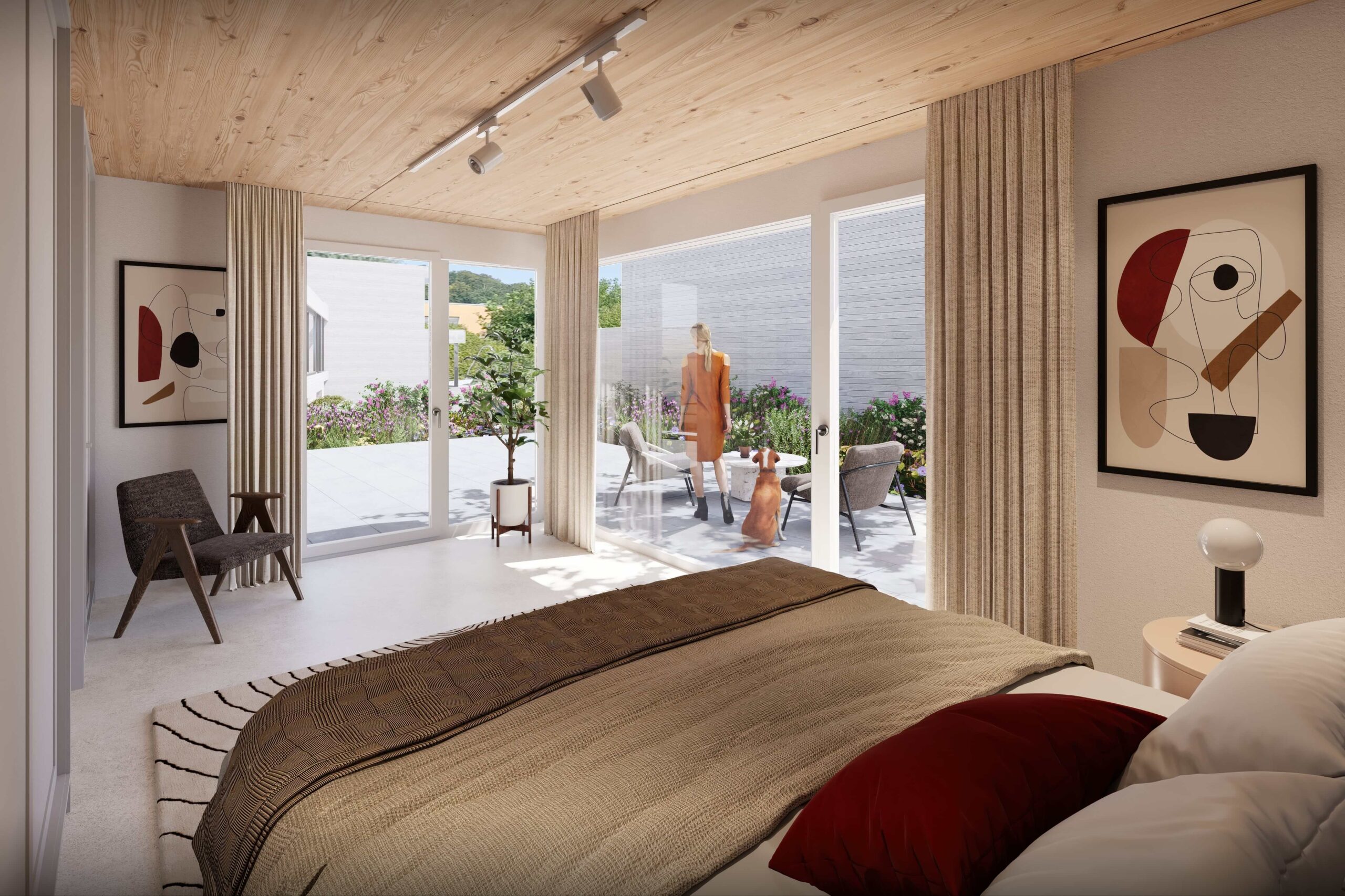 Nahaufnahme des Wohnbereichs im Projekt Biel-Benken Panorama der Ernst Frey AG. Das moderne Interieur zeigt eine stilvolle Kombination aus grauem Sofa, weinrotem Sessel und Couchtischen mit Holz- und Marmorelementen. Eine orangefarbene Vase mit Trockenblumen setzt einen warmen Akzent, während das Tageslicht eine einladende Atmosphäre schafft.